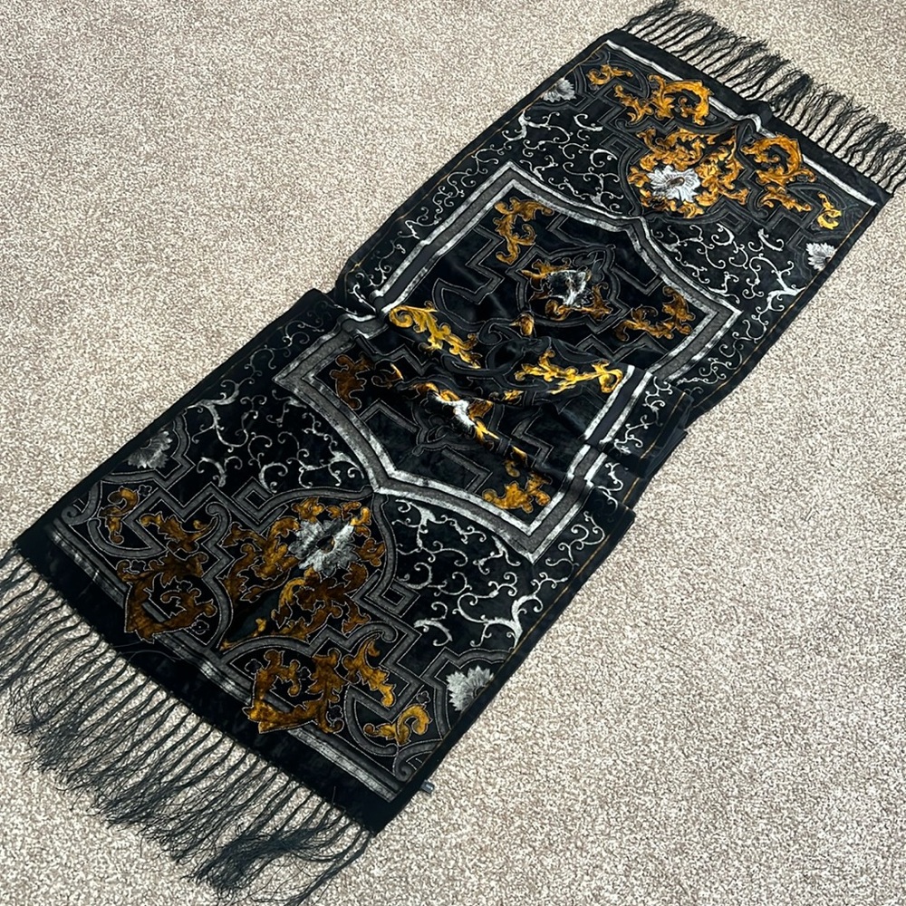 100% silk large black gold 72” x 20”. Formal scarf shawl